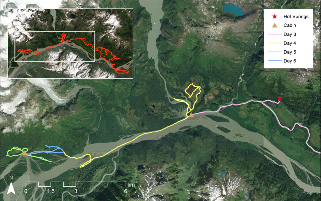 Map of tracks and bird locations of the last three days of birding along the Stikine River