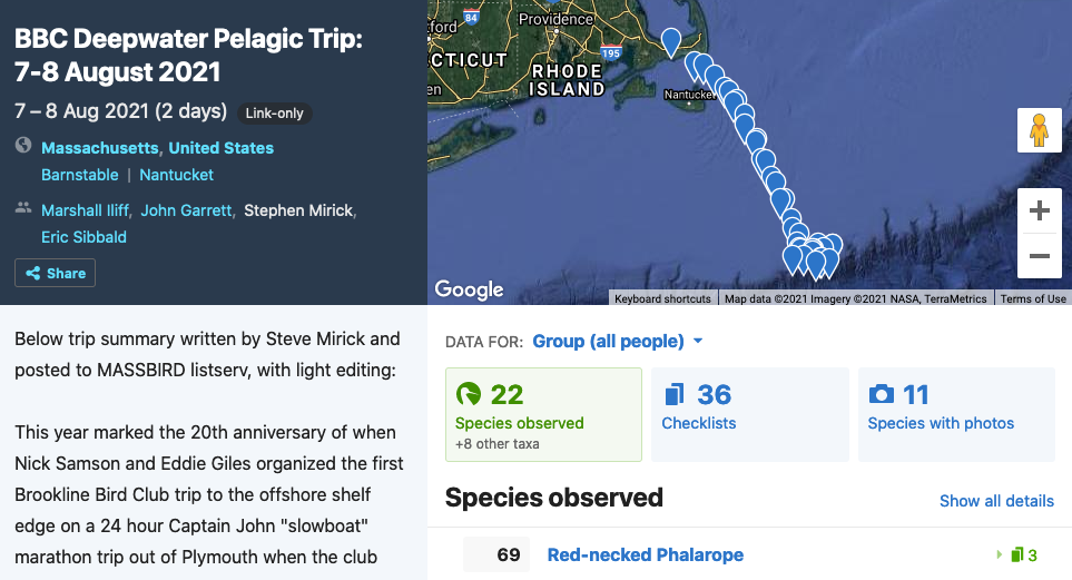An eBird Trip Report of a pelagic trip off the coast of Massachusetts
