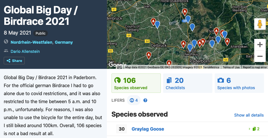 An eBird Trip Report for Global Big Day 2021 in Paderborn, Germany