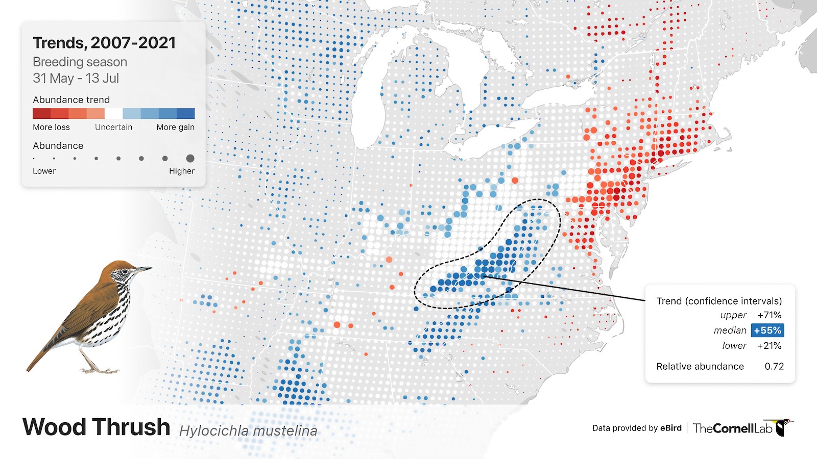 Map of the eastern U.S. with red dots indicating populations declines and blue dots indicating population increases for Wood Thrush. 