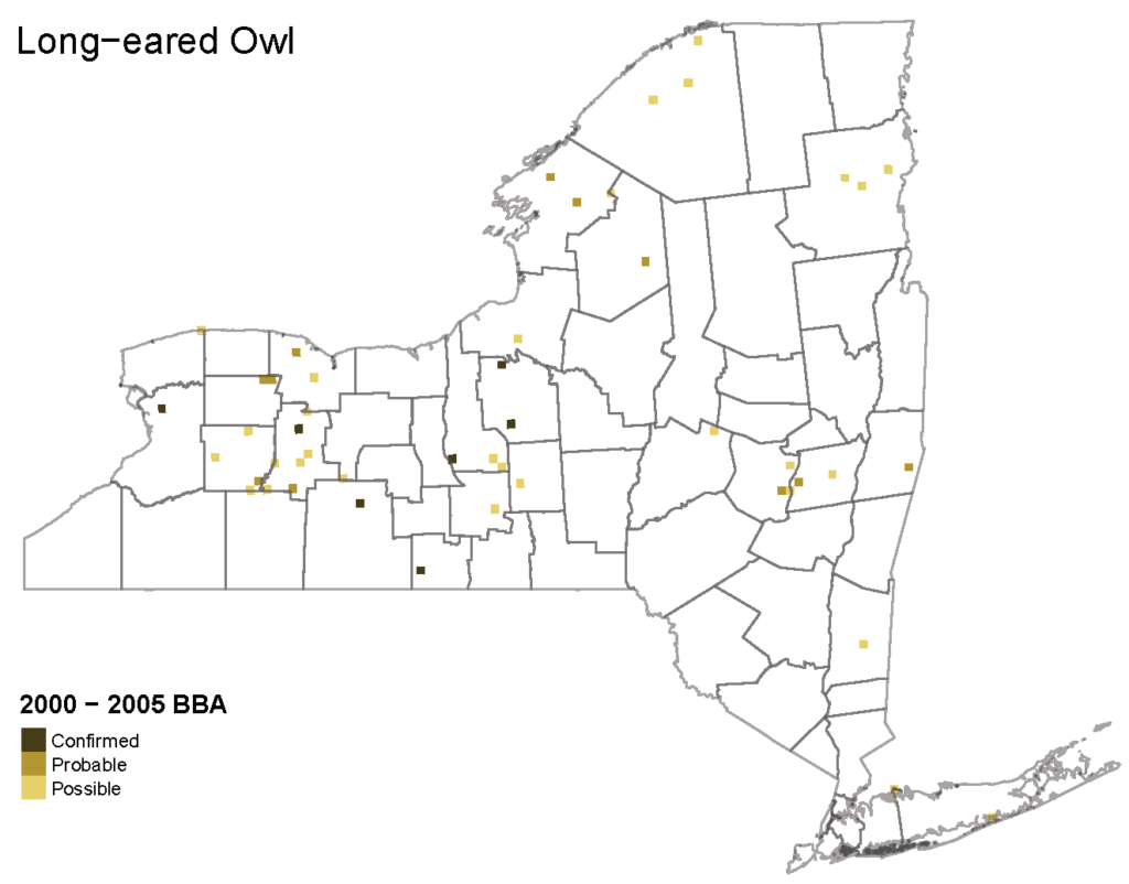 A map of the distribution of Long-eared Owl from the last atlas