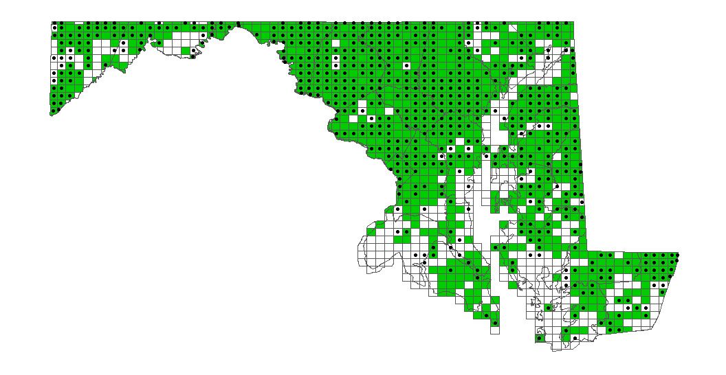 A map of the Rock Pigeon's breeding distribution in the early 2000s in Maryland and DC. Green cells representing locations with breeding pigeons cover 72% of the region, with the largest gaps in Charles, Dorchester, and Allegany counties. Black dots cover almost half the region, and these represent pigeon breeding observations from the current project. The same gaps exist as in the 2000s, along with fewer altogether in southern Maryland and the Eastern Shore.